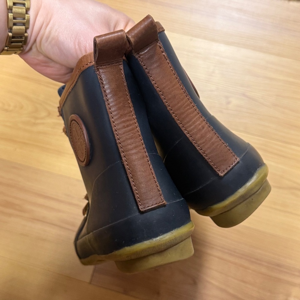 Tory Burch Women's Sz 6 Navy Blue Leather Trimmed Lace Up Short Rainboots - Picture 5 of 13